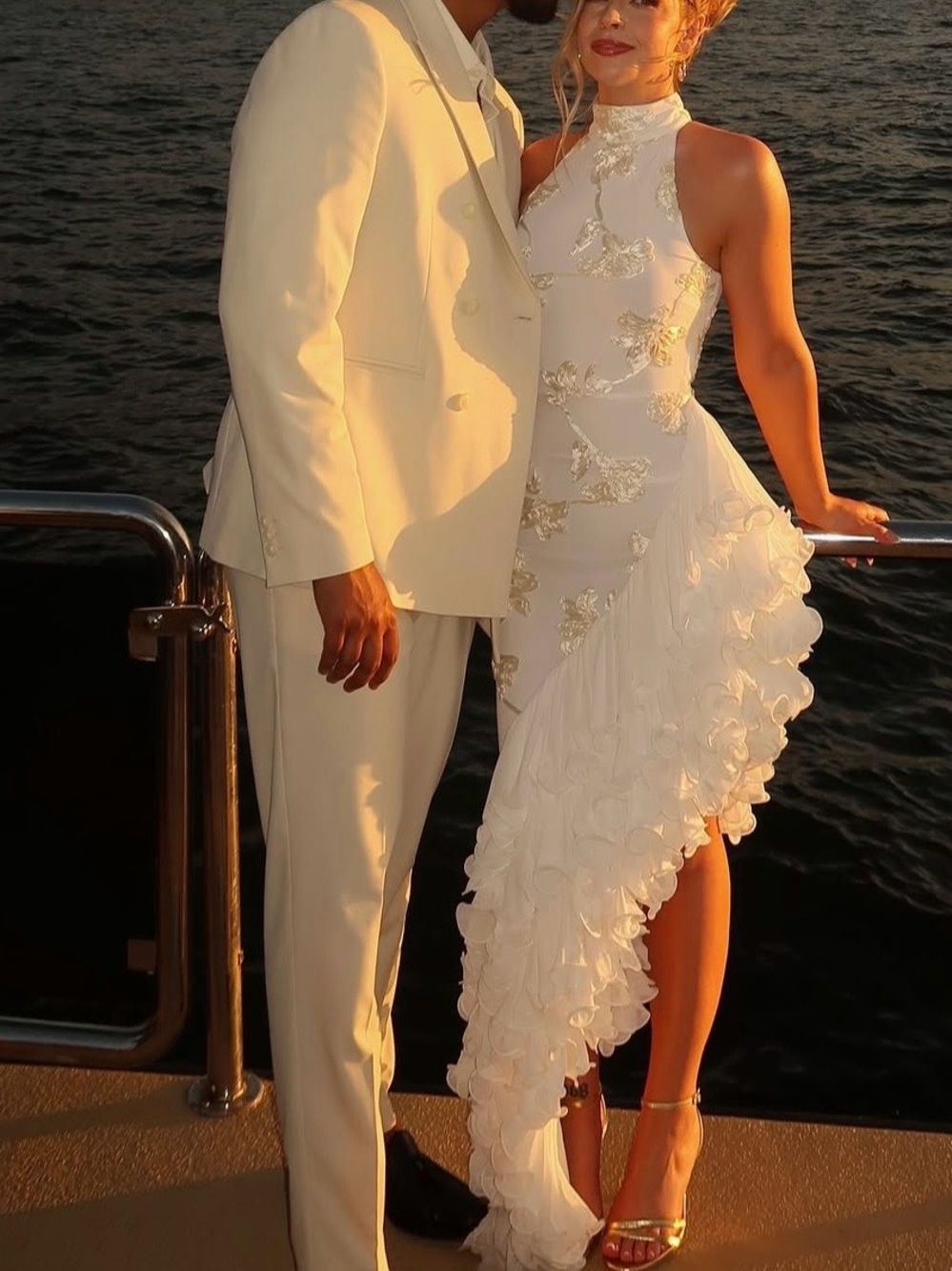 NWT ROTATE, White High-Neck Ruffle Asymmetric Bridal Dress
